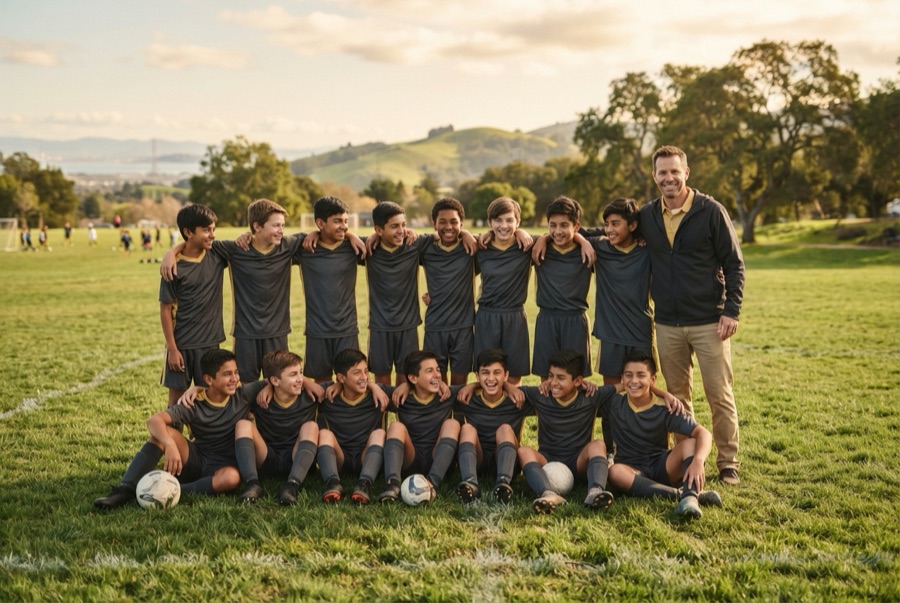 Youth sports team group photo, illustrative image